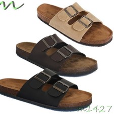 Mens BLACK FAUX LEATHER BUCKLE STRAP CORK Corkbed Mule Slip on Sandals UK STOCK