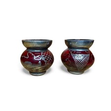 Pair of small vintage ruby red venetian glass vase with silver overlay