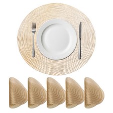 Round Floral Placemats Set of 6 Metallic Vinyl Pressed Placemat for Dinner, Gold