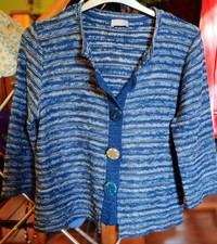 MARKS & SPENCERS BLUE, GOLD BEIGE STRIPE KNIT UNUSUAL BUTTONS CARDIGAN SIZE XL 