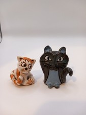 Duo Of Quirky Pottery Cats Blue And Ginger