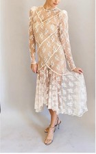 Gatsby Style Vintage Lace Sheer Dress Sz 7/8 Union Made In USA Dainty Fairy Chic