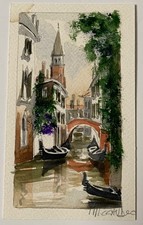 VINTAGE VENICE ITALY WATERCOLOUR PAINTING CANAL GONDOLA BELL TOWER 1970S SIGNED