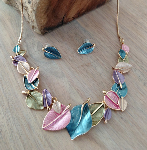 Enamel leaf jewellery set - set, gold
