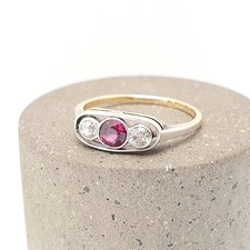 Antique 18ct Gold Natural Ruby & Diamond Ring Art Deco Solid 750 Trilogy 1920s