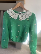 Stunning ZARA EMBROIDERED Peter Pan Collar KNIT SWEATER: Medium: Jade Green