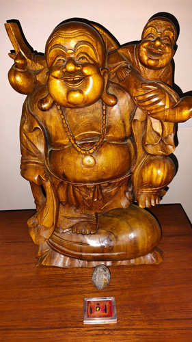 Wooden carved laughing buddha - carved,