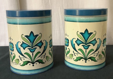 2 x Vintage 1960s 1970s Blue Stylised Floral Kitchen Storage Tin Canisters