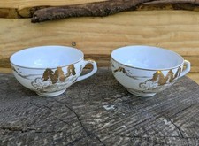 2x Vintage Kutani Hand Painted Japanese Eggshell Tea Cups Geisha Lithothane