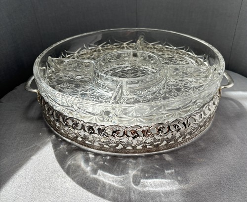 Cut glass section snack tray - glass,