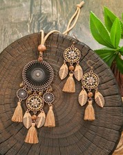 Rhinestone Tassel Earrings Dream Catcher Necklace & Suede Leather Wrap Necklace 