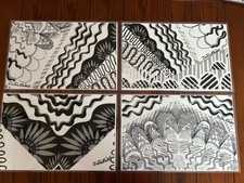 4 ZANDRA RHODES Laminated Black & White Abstract Place Mats Set  #1
