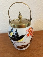 Vintage Glass Honey/Jam Jar/Pot + lid, handle & lovely hand painted design  