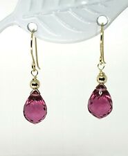 14k Yellow Gold Pink Rubellite Tourmaline Quartz Briolette Drop Dangle Earrings
