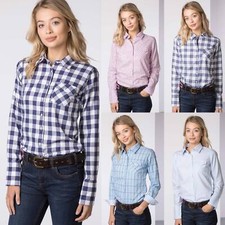 Ladies Long Sleeve Shirt Button Down Cotton Blouse Top Womens Check Shirts