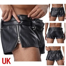 UK Men's PU Leather Mini Shorts Double Belts Side Zipper Booty Shorts Clubwear