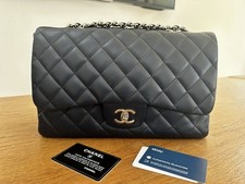 Authentic Chanel Single Flap Bag in Navy Jumbo Silver Strap