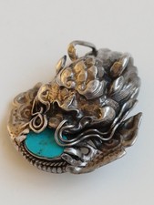 Vintage oriental dragon head brooch.  white metal. Chinese Japanese Aquamarine 