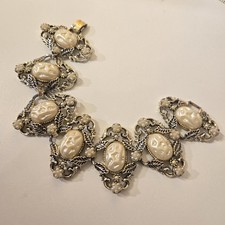 Wide Chunky Baroque Pearl 7 Panel Bracelet Vintage pale gold tone seed pearls