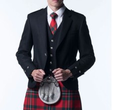 Black Argyll Jacket & Vest Waistcoat Wool Blend Kilt With Luxury Satin Lining