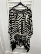ROMAN Black Tribal Pattern Fringe Poncho Jumper