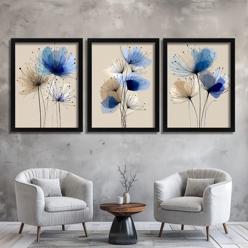 Blue floral wall art set - blue,