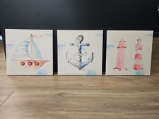 Nautical Canvas Wall Art Set of 3 28cm Boat Anchor Lighthouse Coastal Decor