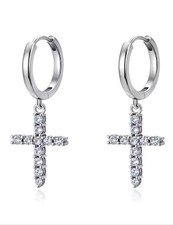Silver Cross Drop Earrings with CZ Crystals Elegant Catholics Christian Jewelry