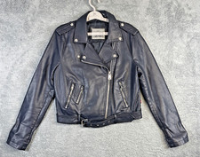 LEVIS Vegan LEATHER Jacket Women Large Navy Blue Moto Asymm Zip Rocker Grunge