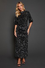 Dorothy Perkins Womens Cocktail Dress Silver Velvet Sequin Midi Half Sleeve