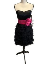 Tony Bowls Black Strapless Tulle Ruffle Hot Pink Rose Mini Dress Size 6 $199
