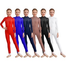 Girls Mock Neck Shiny Rhinestone Skating Unitard Catsuit Gymnastics Jumpsuit