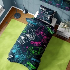 Gamer Single Duvet Cover - Neon Gaming Controllers Design - Reversible Bedding