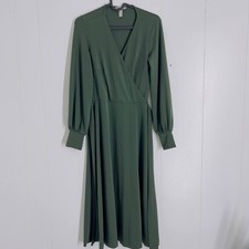 H&M Women's Olive Green Wrap Dress Size XS Belted Waist Surplice Neck Minimalist