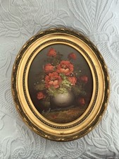 Beautiful Oval Gilt Framed Oil On Board Painting , Still Life Poppies , Signed