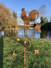 METAL GARDEN RUSTY COCKEREL WEATHERVANE WIND SPINNER STAKE ORNAMENT SUPPORT