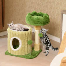 Modern Small Cat Tower Cat Play House w/Plush Padded Perch-Green