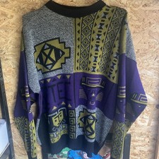 Vintage Aztec Knitted Jumper Abstract Patterned Grandad Sweater Men's M purple 
