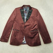 Next Mens Jacket 40R Burgundy Velvet Tuxedo Smoking Blazer Satin Lapels Slim Fit
