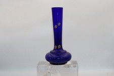 Vintage Cobalt Blue Bud Vase with Enamel Flowers – Tall Glass Stem Vase 18cm