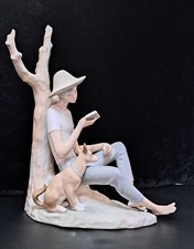 Large Nao By Lladró Boy Sitting By A Tree Reading & Eating With His Loyal Dog