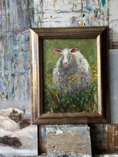 Original Oil Painting animal  art   Sheep Wild flowers   8x6 in  UNFRAMED