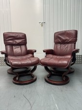 Pair of Ekornes Stressless Burgundy Leather Recliner Armchair / Chair + Stools