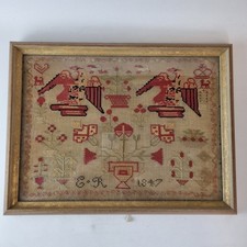 Antique Victorian Needlework Sampler Decorated With Eagles Flowers By E. R. 1847