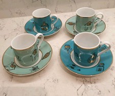 4 Cups & Saucers vintage Habitat espresso blue gold  'Crown' made in Japan