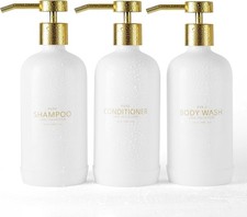 Janxin Shampoo Dispenser 600ml Bottles White with Golden Set of 3 Refillable