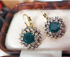 ❤️ 9ct Gold Emerald Hoop Earrings Sim Gems 28 mm Antique Design Gold Filled ❤️UK