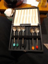 Vtg Retro 1930s EPNS Silver Plated Coffee Bean Tea Spoons Yellow Tip Vgc Boxed 