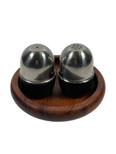 Vintage Stainless Steel Egg Shaped Salt & Pepper Shakers Set In Teak Round Tray