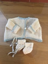 Vintage Hand knitted Wool Cardigan & Booties For 14”-16” Antique Baby Doll 